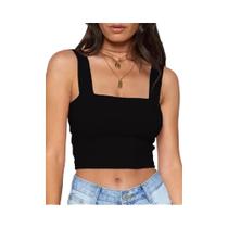 Top Cropped Feminino Branco E Preto Com Decote Quadrado Sem Mangas Casual Básico off Shoulder Cami