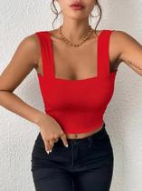 Top Cropped Feminino Branco e Preto - Decote Quadrado, Sem Mangas