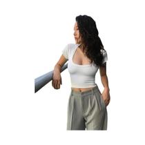 Top Cropped Feminino Cintura Alta - U-Pescoço, Manga Curta, Casual e Emagrecedor