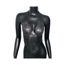 Top Cropped Feminino Com Decote Halter, Costas Nuas, Strass, Malha Transparente E Vazada Para Festas