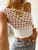 Top Cropped Feminino Com Estampa De Bolinhas, Gola Assimétrica, Sem Costas, Franzido, Tendência De Top Cropped Feminino Com Estampa De Bolinhas, Gola Assimétrica, Sem Costas, Franzido, Tendência De
