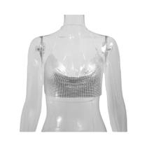 Top Cropped Feminino Com Lantejoulas Metálicas Brilhantes, Decote Em V, Sem Costas, Estilo Halter, - NONE