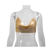 Top Cropped Feminino Com Lantejoulas Metálicas Brilhantes, Decote Em V, Sem Costas, Estilo Halter,
