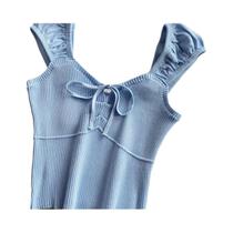 Top Cropped Feminino De Cor Sólida Com Detalhe Em Ribana E Nó, Decote Redondo, Para Uso Casual Na