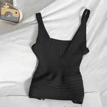 Top Cropped Feminino De Malha Canelada Com Decote V Sem Mangas, Transpassado Na Frente, Para O