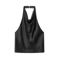 Top Cropped Feminino em Cetim com Decote Halterneck - Traseira Decote e Botão Top Cropped Feminino em Cetim com Decote Halterneck - Traseira Decote e Botão