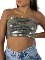 Top Cropped Feminino Metalizado Faixa Paty Festa Novo