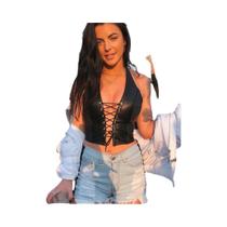 Top Cropped Feminino Preto De Couro PU Sem Costas, Estilo Punk Y2K, Sexy, Para Usar Em Festas De Top Cropped Feminino Preto De Couro PU Sem Costas, Estilo Punk Y2K, Sexy, Para Usar Em Festas De