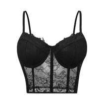 Top Cropped Feminino Preto De Malha Transparente Com Efeito Push-Up, Estilo Bustier Corset, Sensual