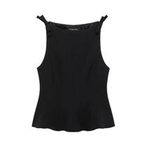 Top Cropped Feminino Preto E Branco Com Laço Verão 2025 Sem Mangas Decote Redondo Elegante Casual