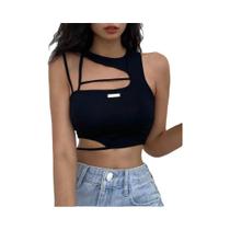 Top Cropped Feminino Preto Vazado Y2K Sem Mangas Estilo Punk Slim Fit Techwear Primavera Verão