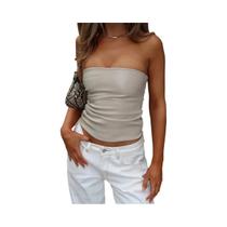 Top Cropped Feminino Sem Alças Em Couro PU Com Zíper, Ajuste Slim, Estilo Y2K, Streetwear, Para Top Cropped Feminino Sem Alças Em Couro PU Com Zíper, Ajuste Slim, Estilo Y2K, Streetwear, Para