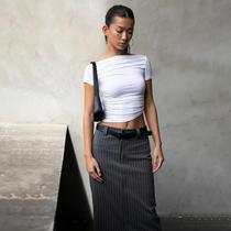 Top Cropped Feminino Sexy - Manga Curta, Decote Slash, Verão, Moda Casual