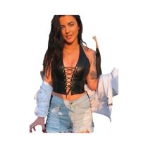 Top Cropped Feminino Sexy Punk Y2K Em Couro PU Preto, Sem Mangas, Com Decote Em V Profundo E Costas