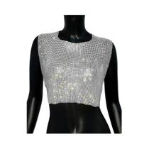 Top Cropped Feminino Sexy Sem Costas Com Strass E Lantejoulas, Gola Redonda, Estilo Metalizado, Para