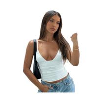 Top Cropped Feminino Slim Fit Com Decote Em V E Detalhes Franzidos, Estilo Y2K, Casual, Para O
