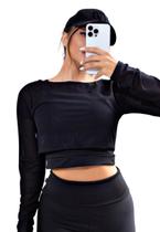 Top Cropped Fitness Manga Longa de Tela Dry Fit Preto