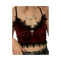 Top Cropped Gótico De Veludo Preto Com Renda Para Mulheres, Sem Costas, sem alça, Estilo