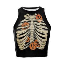 Top Cropped Halloween Feminino Y2K - Estampa Gótica de Esqueleto e Abóbora Top Cropped Halloween Feminino Y2K - Estampa Gótica de Esqueleto e Abóbora