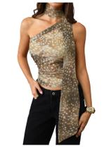 Top cropped halter assimétrico com estampa de leopardo RoseSeek XS Top cropped halter assimétrico com estampa de leopardo RoseSeek XS