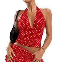 Top cropped halter vermelho com poás e decote em V AKLOPVII Y2K