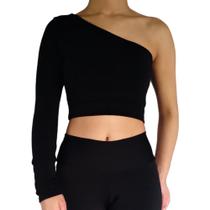 Top Cropped Manga Longa Um Ombro Só Liso Malha Crepe PP ao Plus Size