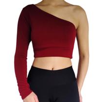 Top Cropped Manga Longa Um Ombro Só Liso Malha Crepe PP ao Plus Size Top Cropped Manga Longa Um Ombro Só Liso Malha Crepe PP ao Plus Size