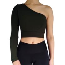 Top Cropped Manga Longa Um Ombro Só Liso Malha Crepe PP ao Plus Size