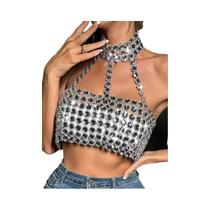 Top Cropped Prateado Com Glitter, Lantejoulas E Costas Nuas Para Mulheres, Ideal Para Festas E Top Cropped Prateado Com Glitter, Lantejoulas E Costas Nuas Para Mulheres, Ideal Para Festas E