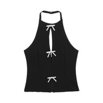 Top Cropped Preto E Branco Com Laço E Strass, Sem Mangas, Costas Descobertas, Ombros À Mostra, Sexy