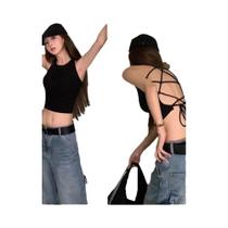 Top Cropped Preto Sem Costas Estilo Y2K, Regata Sexy E Fofa Para Mulheres, Moda Verão Estilo Anos