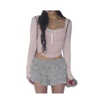 Top Cropped Rosa Com Laço Para Mulheres, Camiseta Casual De Gola Quadrada, Estilo Coquette, Outono E