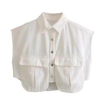 Top Cropped Sem Mangas Branco Para Mulheres, Design Com Bolsos, Camisa Chic De Moda