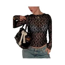 Top Cropped Sexy De Renda Com Manga Longa Para Mulheres, Camiseta Bodycon Transparente Y2K, Moda Top Cropped Sexy De Renda Com Manga Longa Para Mulheres, Camiseta Bodycon Transparente Y2K, Moda