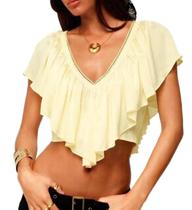 Top curto Awoscut Vintage Boho com babados, decote em V, costas abertas