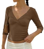 Top curto BAIGRAM feminino, manga 3/4, decote em V, franzido, vintage, marrom Top curto BAIGRAM feminino, manga 3/4, decote em V, franzido, vintage, marrom