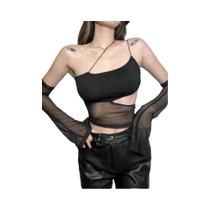 Top curto de malha assimétrica com mangas, roupas grunge de fada, regata transparente Top curto de malha assimétrica com mangas, roupas grunge de fada, regata transparente