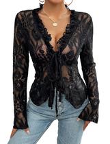 Top curto de renda KWSTAIN para mulheres de manga comprida em malha transparente