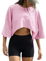 Top curto de verão Fisoew para mulheres, manga curta, solta, rosa