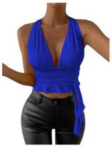 Top curto feminino SOLY HUX, sexy, com decote em V profundo, azul royal
