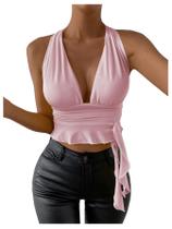 Top curto feminino SOLY HUX, sexy, com decote em V profundo, rosa claro