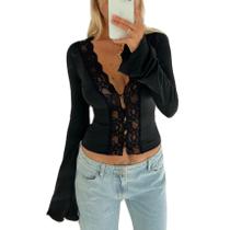 Top curto Miqil feminino Y2K, renda, manga comprida, decote em V, floral