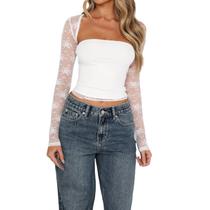 Top curto Pivanzore Y2k, manga comprida, malha de renda, transparente para mulheres Top curto Pivanzore Y2k, manga comprida, malha de renda, transparente para mulheres