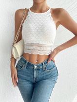 Top curto sexy com renda contrastante e frente única padrão geométrico elegante, semi-transparente