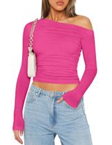 Top curto Zeagoo feminino, manga comprida, sem ombros, rosa choque Top curto Zeagoo feminino, manga comprida, sem ombros, rosa choque