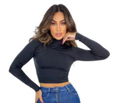 Top de Academia Térmico Cropped Feminino Moda Fitness Outono Inverno Manga Longa - Preto