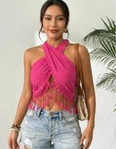 Top de Alça com Renda Detalhes Franja Decote Cruzado e Laço Cor:RosaTamanho:M Top de Alça com Renda Detalhes Franja Decote Cruzado e Laço Cor:RosaTamanho:M