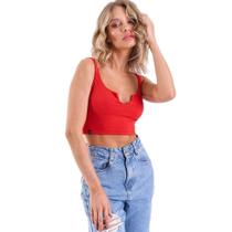 Top De Alças Finas Cropped Decotado Canelado Vermelho Amô Top De Alças Finas Cropped Decotado Canelado Vermelho Amô