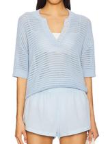 Top de crochê Dqbeng com decote em V, manga curta, malha aberta, azul claro-M Top de crochê Dqbeng com decote em V, manga curta, malha aberta, azul claro-M