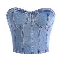 Top De Denim Com Decote Profundo Estilo Europeu Para Mulheres, Design Ajustado Na Cintura, Sexy E